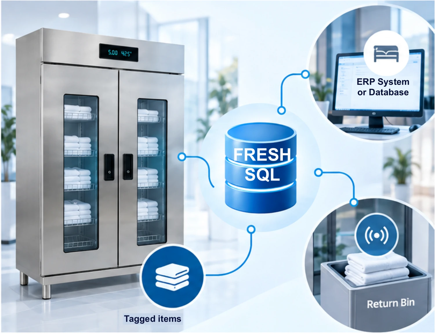 Towel tracking workflow linking smart cabinet, database, tagged towels and connected return point