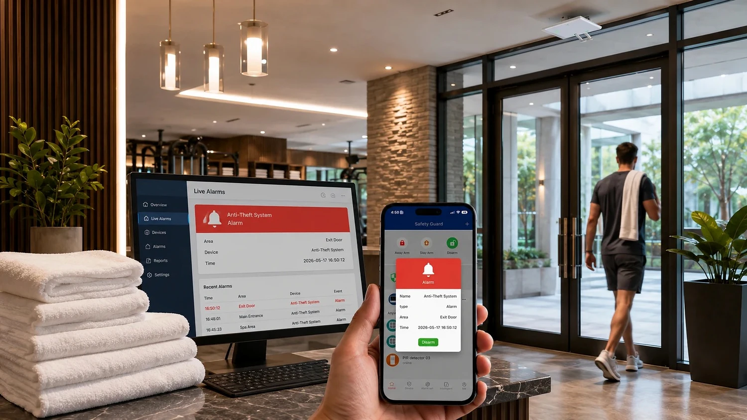 anti-theft towel exit monitoring: Mobile staff alerts and local event notifications for tagged towel exit monitoring