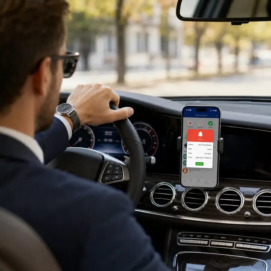 Mobile security alert for a jewelry business showing a real-time alarm notification