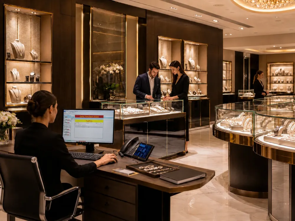 Jewelry store theft prevention system with monitored showcases and staff software alerts