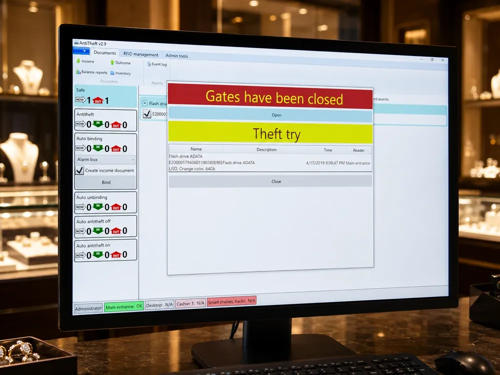 Jewelry theft prevention software alert displayed on a store computer